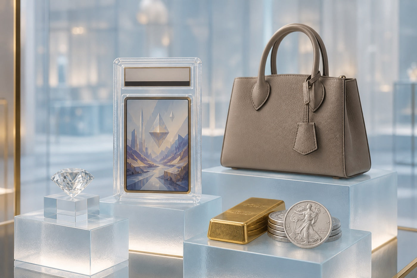 Premium Repaxx collectible staging with diamonds, graded cards, coins, and luxury goods